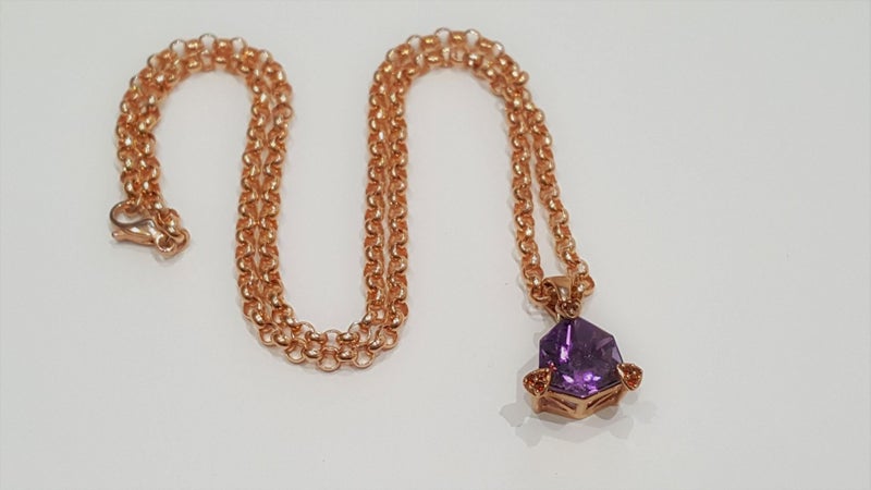 9ct Rose Gold 5CT Fancy Hexagonal Cut Amethyst & Orange Sapphire Pendant & Chain Carousel 1