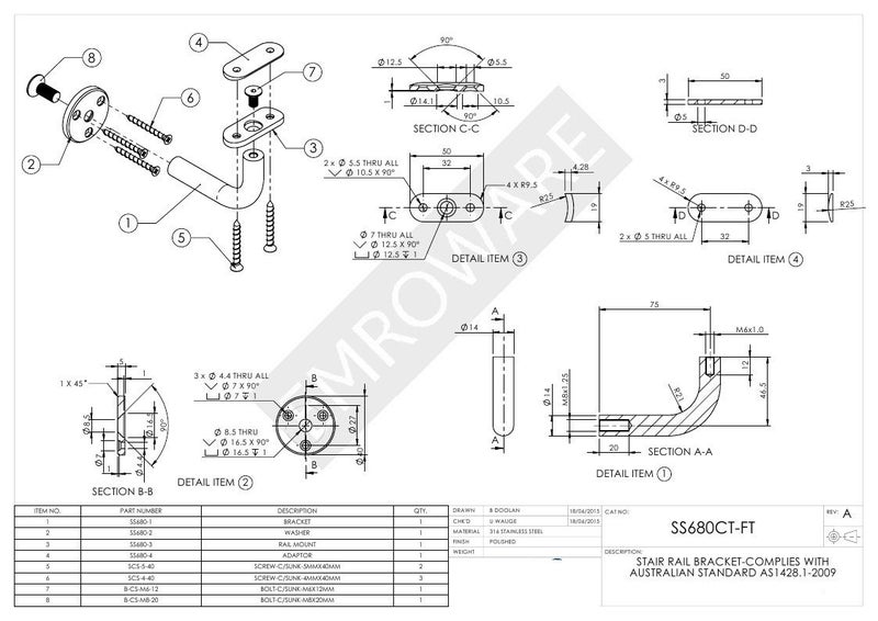 Emro SS680CTFT Commercial Stair Rail Bracket Exposed Base PSS Finish Carousel 2