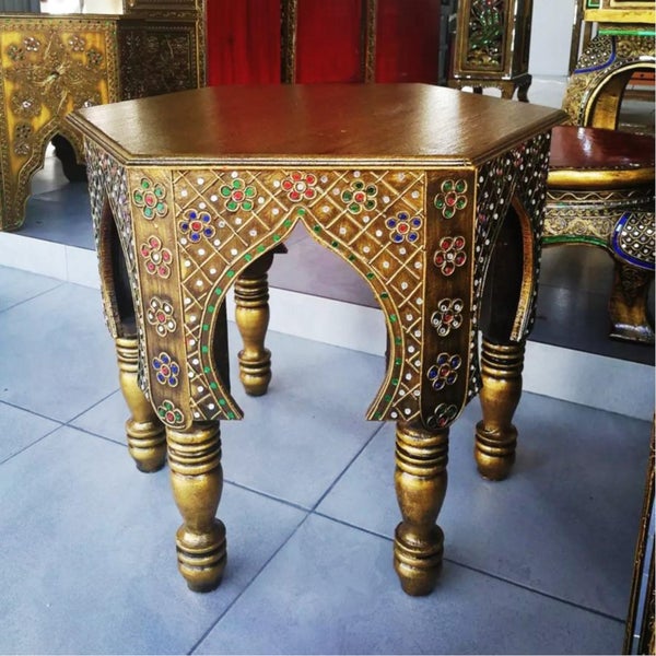 Ornate Hexagional Hallway Table With Mosaic Inlay And Arabic Arches Carousel 1