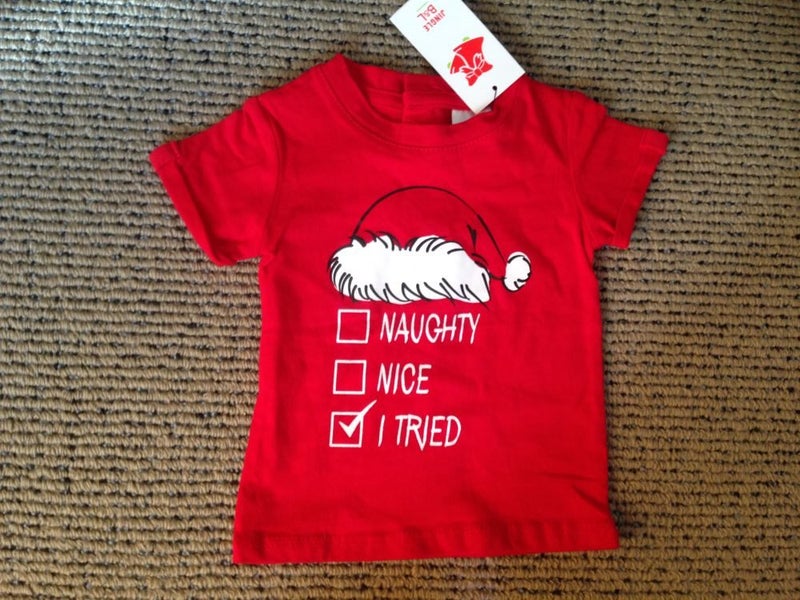sz 000 NAUGHTY, NICE, OR I TRIED red t shirt - CHRISTMAS CUTE! Carousel 1