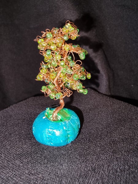 Copper Wire Tree , green beads, blue handmade rock- miniature XMAS GIFT Carousel 1