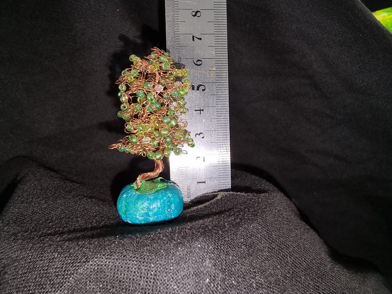 Copper Wire Tree , green beads, blue handmade rock- miniature XMAS GIFT Carousel 6