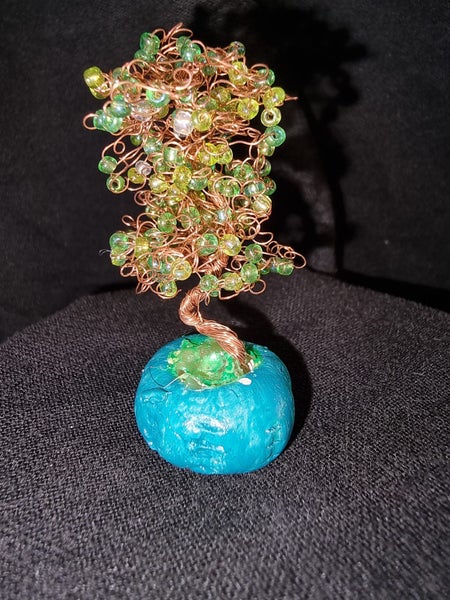 Copper Wire Tree , green beads, blue handmade rock- miniature XMAS GIFT Carousel 2