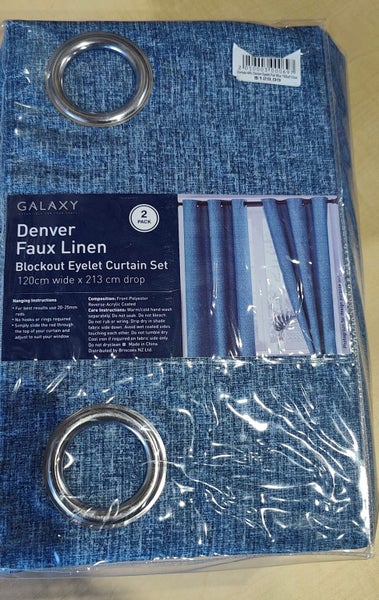 GALAXY Denver Faux Linen Blockout Eyelet Curtain Pair 120 Wide x 213cm Drop BLUE Carousel 1