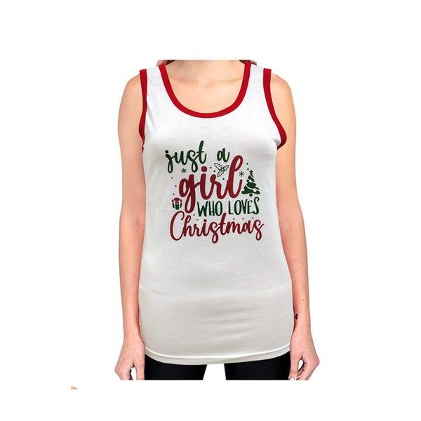 Women's Cotton Christmas Singlet - Girl Who Loves Xmas/White Carousel 1