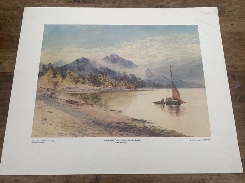 OLD PRINT: A Firewood Cutter Loading at the Island Lake Wakatipu by W. Hogkins Carousel 1