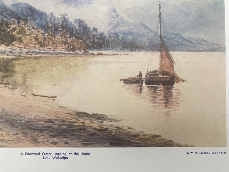 OLD PRINT: A Firewood Cutter Loading at the Island Lake Wakatipu by W. Hogkins Carousel 2