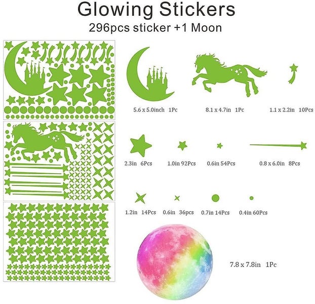 296pcs Glow In The Dark Stars Stickers And 1pc Glowing Colorful Moon, Luminous F Carousel 2