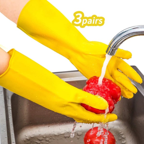 3-pairs Reusable Household Gloves, Rubber Dishwashing Gloves, Extra Thickness, L Carousel 2