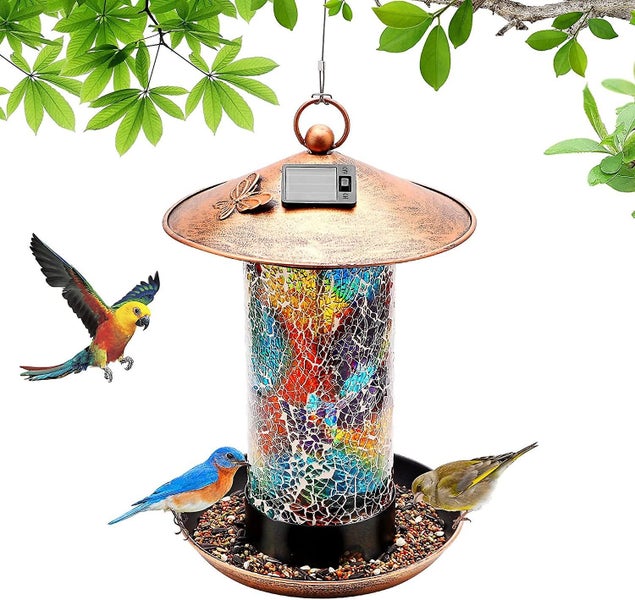 Solar Bird Feeder For Outside - Waterproof Unique Retro Mosaic Copper Outdoor Ha Carousel 1