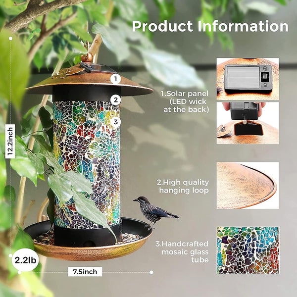 Solar Bird Feeder For Outside - Waterproof Unique Retro Mosaic Copper Outdoor Ha Carousel 5