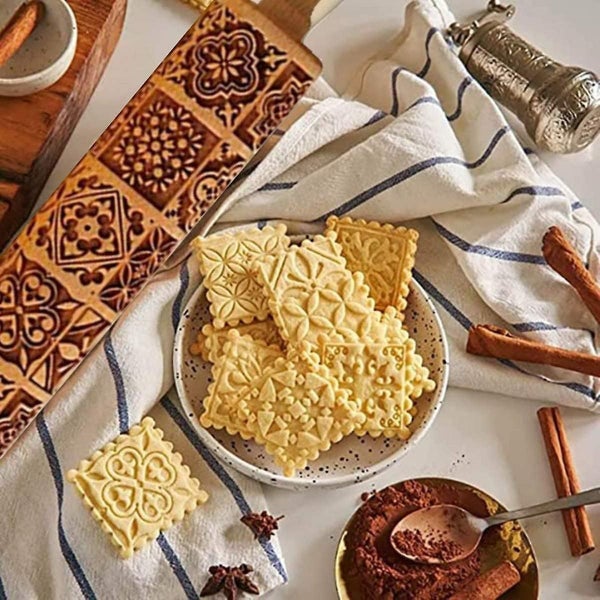 Cookie Stamp Roller Press Biscuit Maker Wooden With Vintage And Traditional Patt Carousel 2