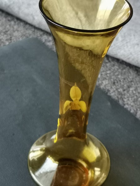 BOHEMIAN CZECH Amber vase Glass Gold Gilt raised ENAMEL FLOWers 20cm T x 9 Carousel 7
