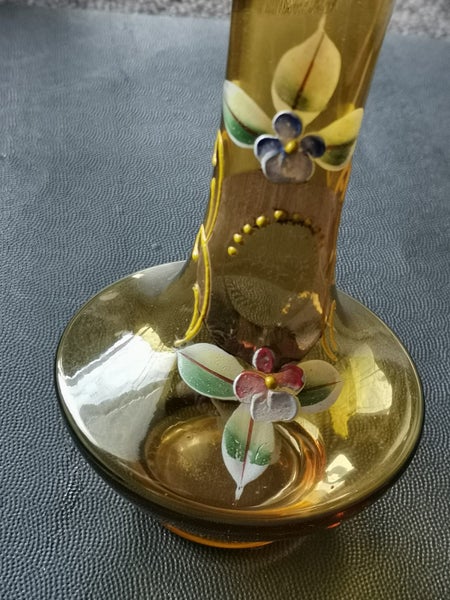 BOHEMIAN CZECH Amber vase Glass Gold Gilt raised ENAMEL FLOWers 20cm T x 9 Carousel 2