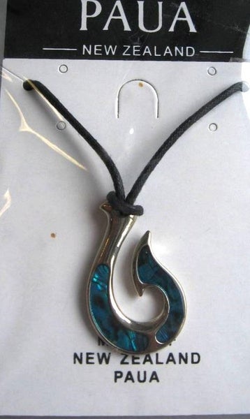 Silver metal fish hook with NZ paua inlay Carousel 1
