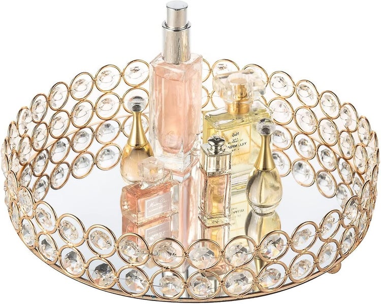 Crystal Cosmetic Makeup Tray Jewelry Trinket Tray Organizer Vanity Tray Mirrored Carousel 1