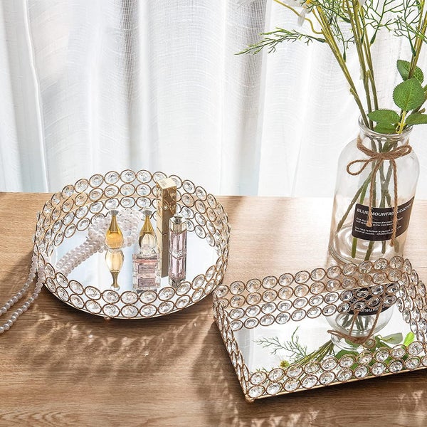 Crystal Cosmetic Makeup Tray Jewelry Trinket Tray Organizer Vanity Tray Mirrored Carousel 4