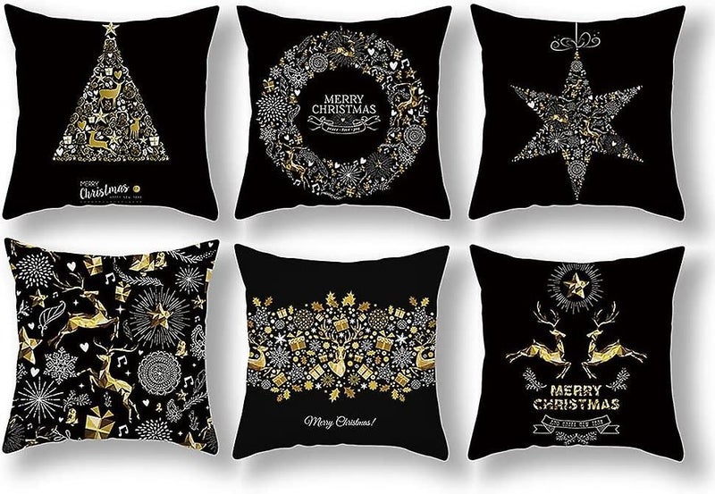 Set Of 6 Christmas Pillow Covers 18x18, Black And Gold Plush Decorative Throw Pi Carousel 1
