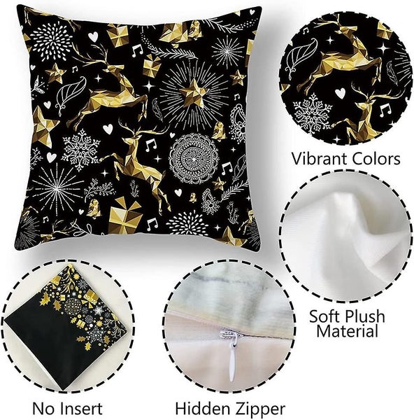 Set Of 6 Christmas Pillow Covers 18x18, Black And Gold Plush Decorative Throw Pi Carousel 5