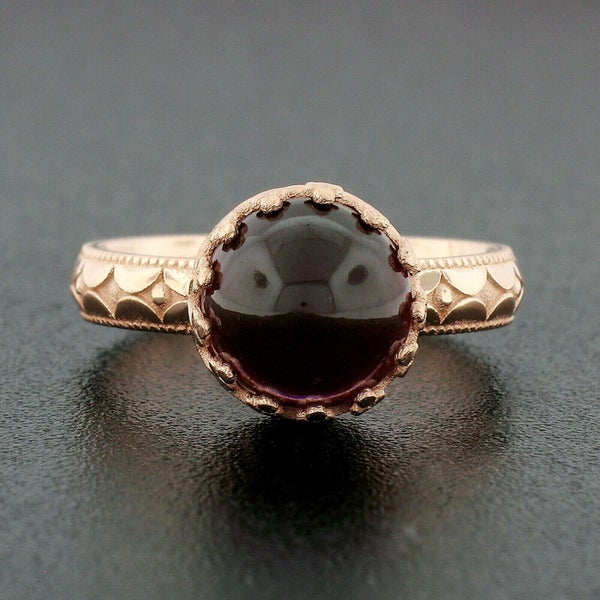 Victorian Inspired 14K Rose Gold 3.34ctw Cabochon Garnet Solitaire Etching Ring Carousel 1