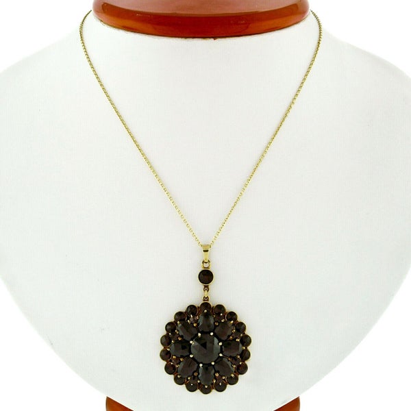 Antique Victorian 10k Gold Rose Cut Red Garnet Milgrain Flower Pendant Necklace Carousel 1