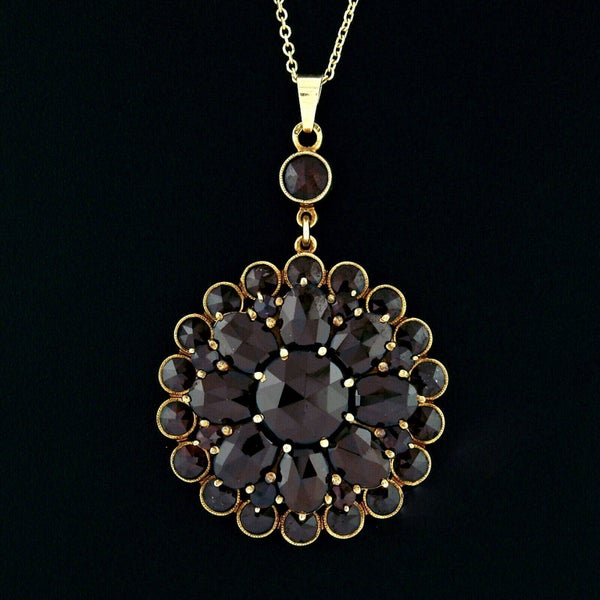 Antique Victorian 10k Gold Rose Cut Red Garnet Milgrain Flower Pendant Necklace Carousel 2