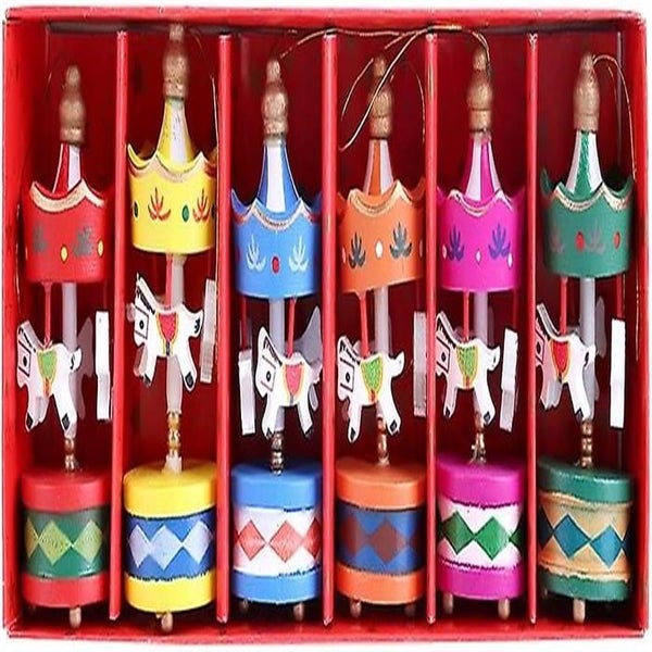 6pcs / Set Vintage Horse Carousel Wooden Music Box Mini Christmas Tree Pendant C Carousel 1