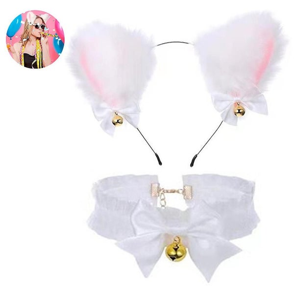 Black Cat Fox Faux Fur Ears Headband + Bell Choker Collar With Bell Bow Carousel 1