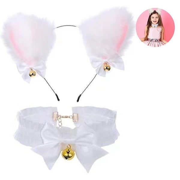 Black Cat Fox Faux Fur Ears Headband + Bell Choker Collar With Bell Bow Carousel 2