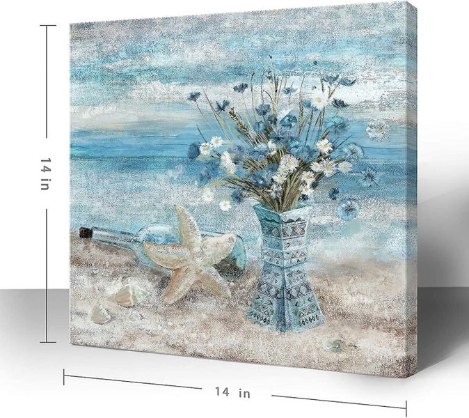 Bathroom Decor Wall Art Blue Beach Picture Ocean Theme Flower Canvas Print Moder Carousel 1