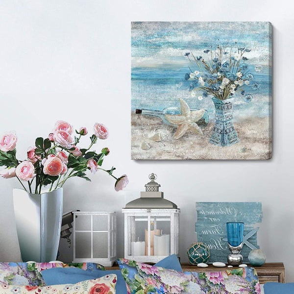 Bathroom Decor Wall Art Blue Beach Picture Ocean Theme Flower Canvas Print Moder Carousel 2