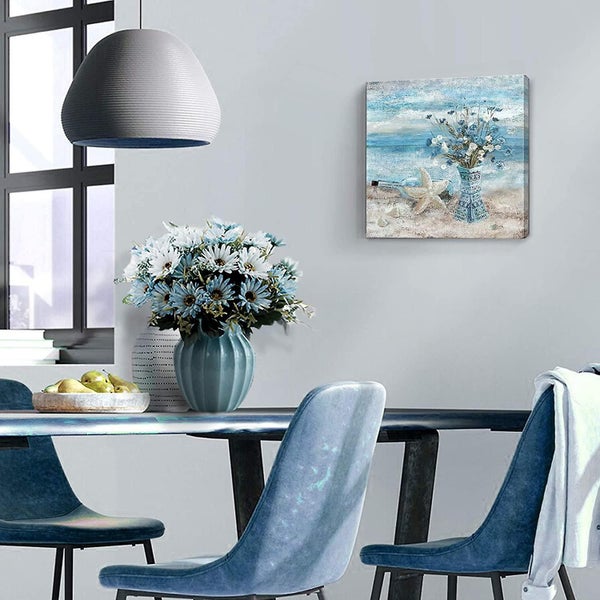 Bathroom Decor Wall Art Blue Beach Picture Ocean Theme Flower Canvas Print Moder Carousel 4