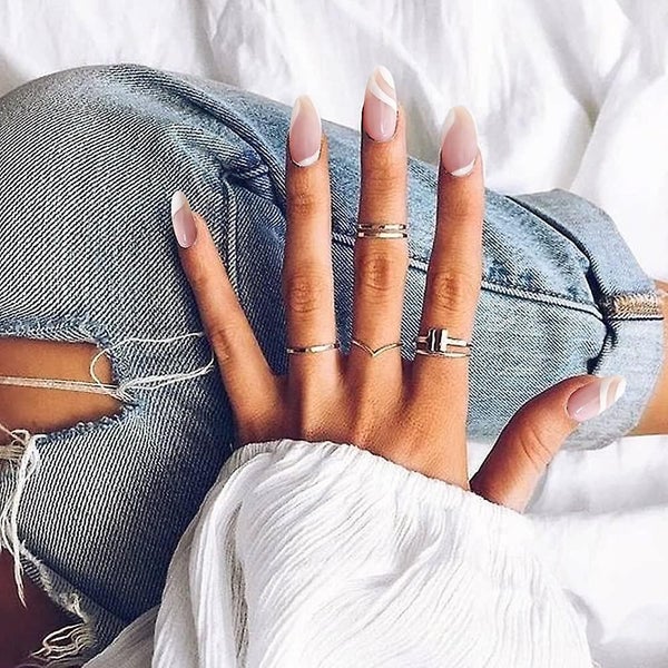 Medium Length Almond Press On Nails With Designs,nude White Stripes Acrylic Nail Carousel 2