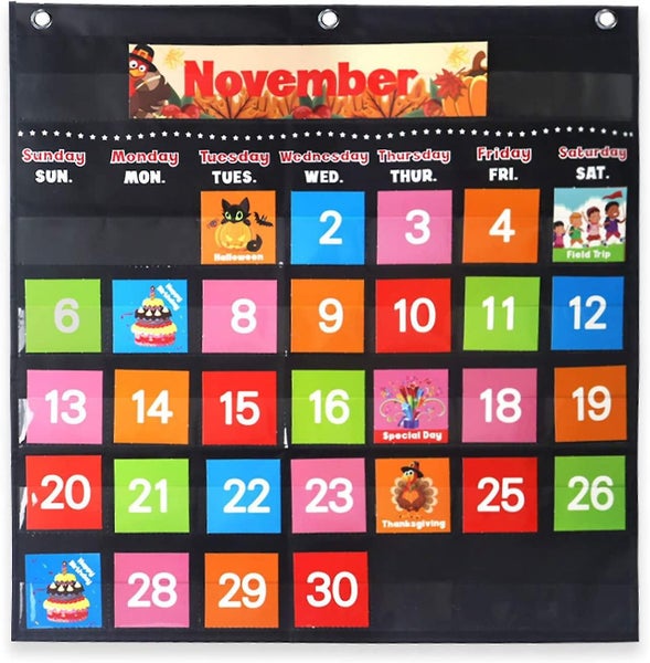 Black Monthly Calendar Pocket Chart With 88 Cards, Black Educational Pocket Char Carousel 1