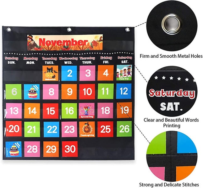 Black Monthly Calendar Pocket Chart With 88 Cards, Black Educational Pocket Char Carousel 2