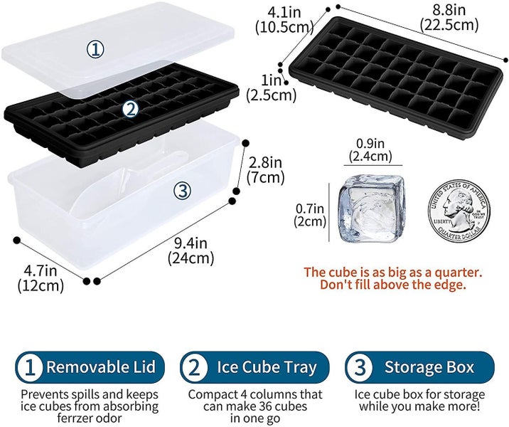 Ice Cube Tray Lid And Bin Silicone Ice Tray With Scoop 36 Gridsblack Carousel 2
