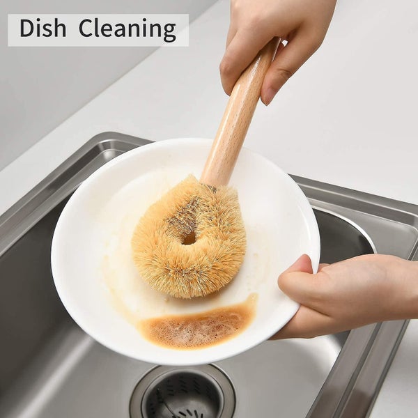 Natural Cast Iron And Dish Scrub Brush, Kitchen Wooden Scrubber For Cleaning Pan Carousel 5