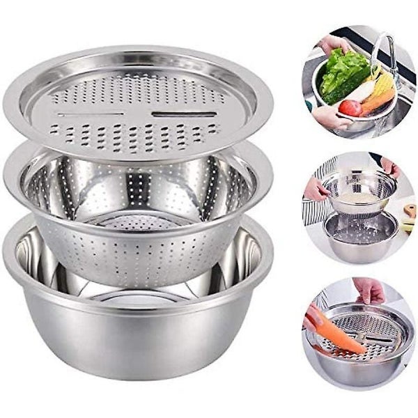 Multifunctional Stainless Steel Basin, Stainless Steel Sieve Set, 3-part, Kitche Carousel 1