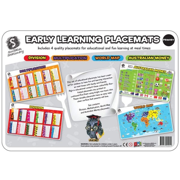 Scribbles Stationery Primary Early Learning Educational Placemats, 4 Pack Carousel 1