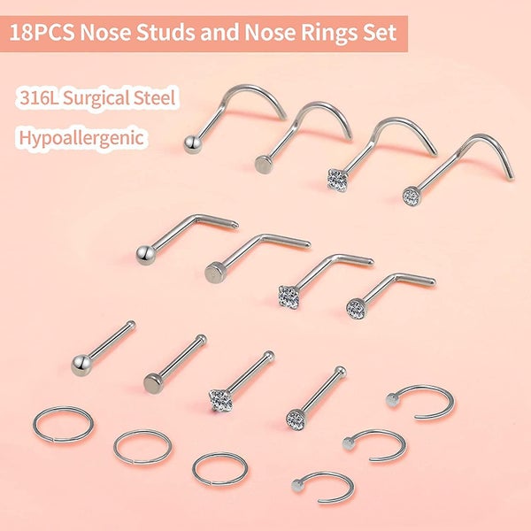 18pcs Nose Ring, 20g Nose Stud L Shaped, 20 Gauge Nose Hoop Ring For Women, Surg Carousel 2