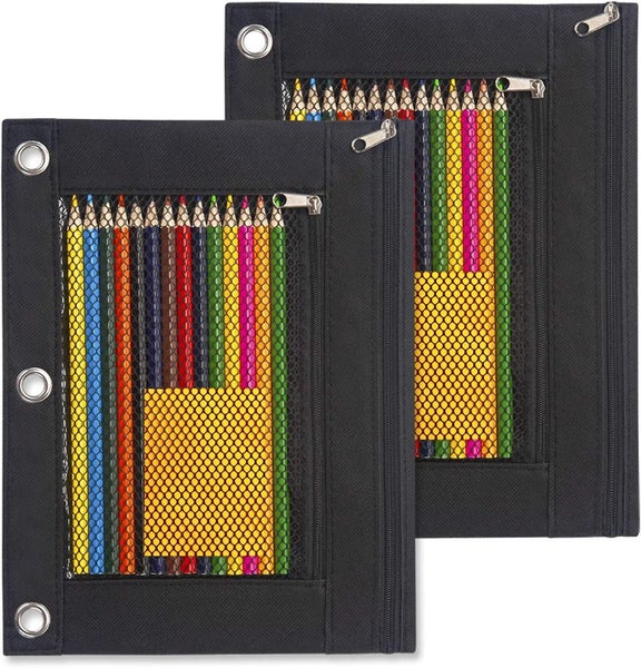 Binder Pouch, 2 Pack Pencil Pouch 3 Ring Fabric Pencil Pouches Black Pencil Case Carousel 1