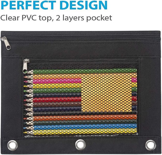 Binder Pouch, 2 Pack Pencil Pouch 3 Ring Fabric Pencil Pouches Black Pencil Case Carousel 4