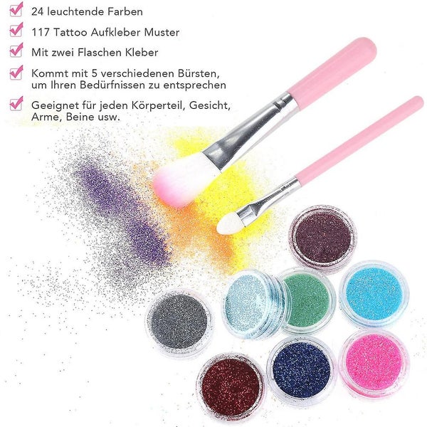 Glitter Tattoo Set, New Glitter Tattoo Kit With 24 Large Glitter Tubes Carousel 1