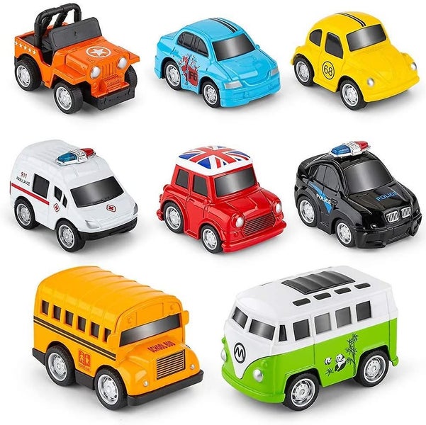 Metal Pull Back Cars, 8 Pack Mini Die Cast Toy Cars Set, Police Car/school Bus/a Carousel 1