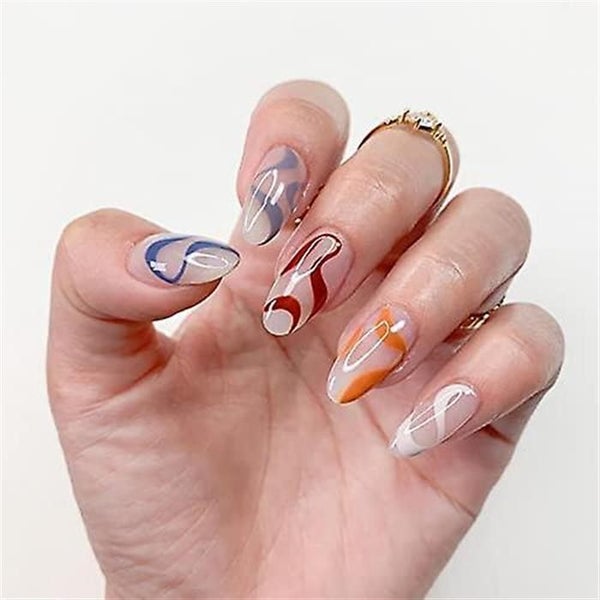 24 Pcs Press On Nails Medium Almond Fake Nails Rainbow Wave Glue On Nails For Wo Carousel 1