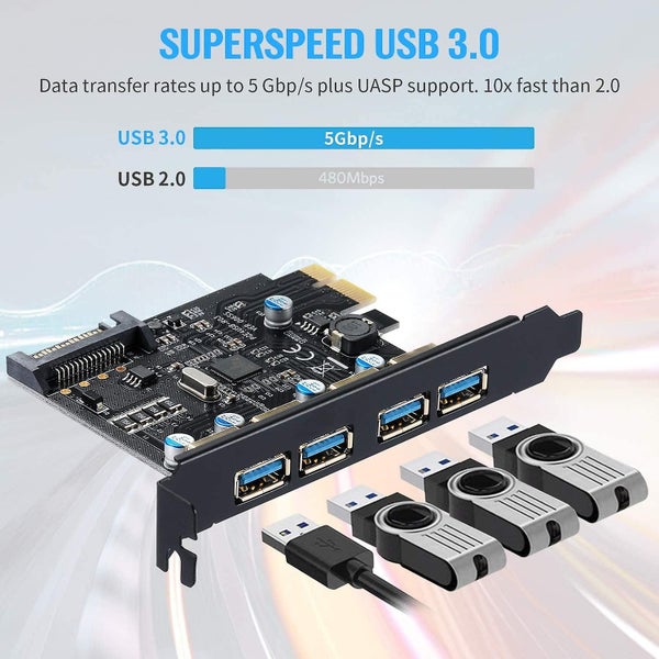 Usb3.0 4-port Expansion Card, Pci-e To Usb 3.0 Type-a Expansion Card With 15-pin Carousel 5