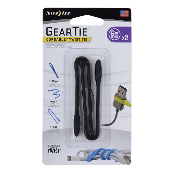 Nite Ize Gear Tie Cordable Twist Tie Pack of 2 (Black) - 6 inches Carousel 1