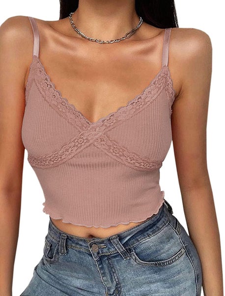 Womens Lace Patchwork V Neck Camisole Ribbed Spaghetti Strap Tops Carousel 1