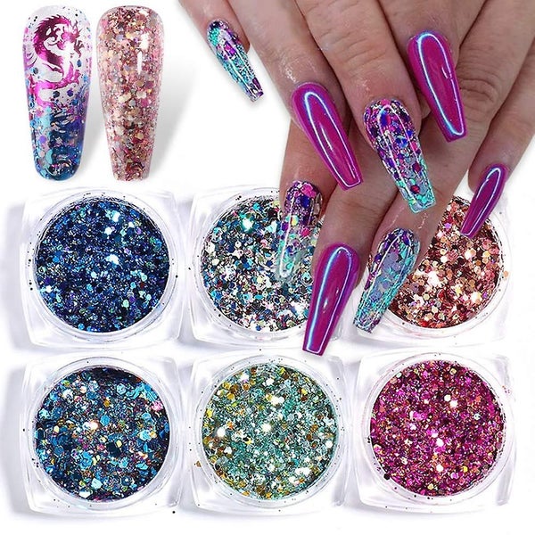 Holographic Glitter Nails Sequins, 6boxes 3d Colorful Shining Nail , Nail Spark Carousel 1