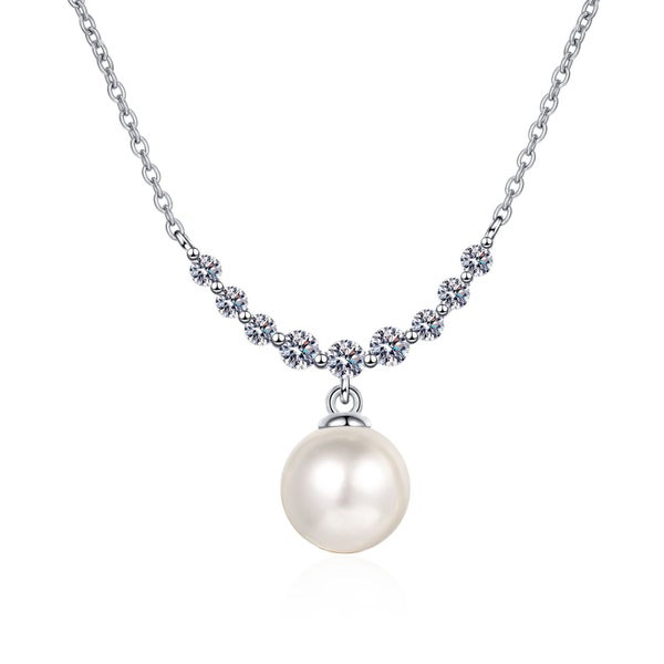 SALE: 8mm Pearl Moissanite Diamond Pendant Necklace S925 Silver Platinum Plated Carousel 1
